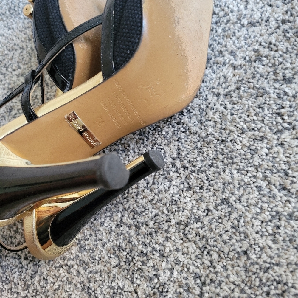 Robert Robert Black and Gold Slingback Leather  Peep Toe Heels Sz 7 US Euro 38 - Picture 6 of 10